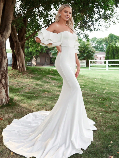 Off shoulder ruffle edge and floor length wedding dress