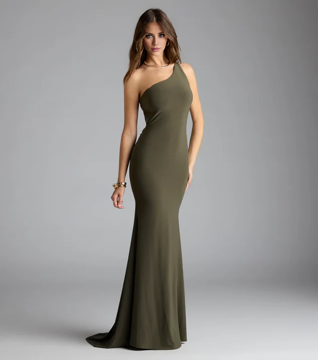 LD asymmetrical collar off shoulder sleeveless backless and floor length Prom dress