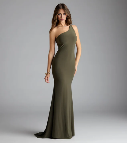 LD asymmetrical collar off shoulder sleeveless backless and floor length Prom dress