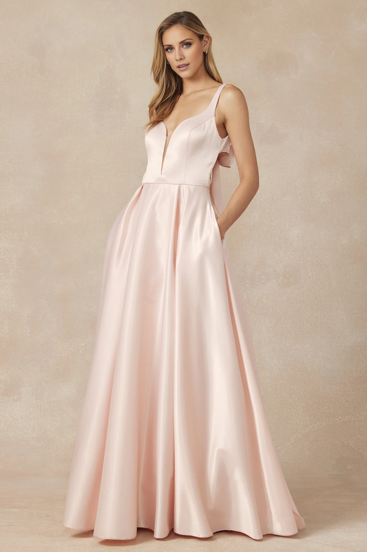 LD -- A-line deep V-neck sleeveless back bow and floor length evening dress