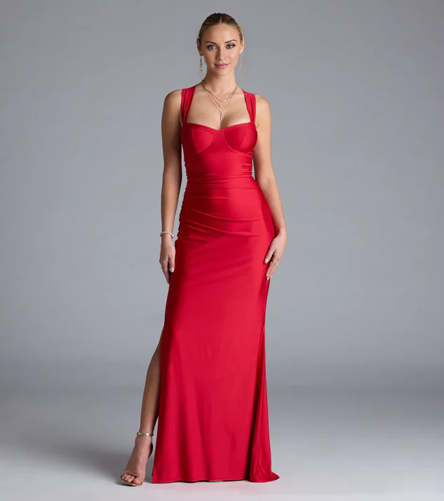 LD square neckline off shoulder sleeveless backless side slit and floor length Prom dress