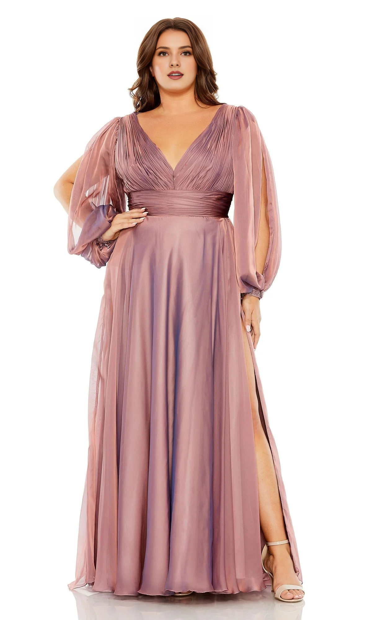 A-line V-neck long sleeved high waisted pleated shirt body Prom dress