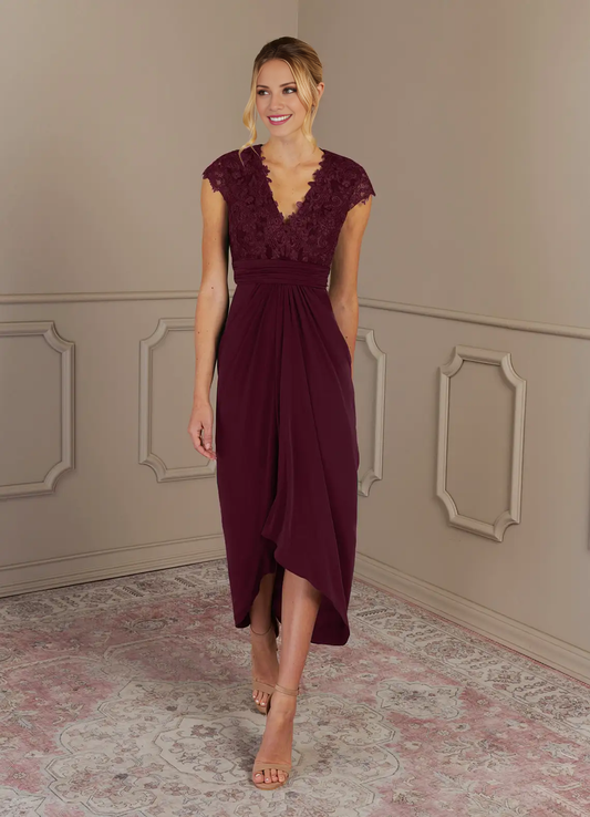 A-line V-neck lace skirt with asymmetrical front and back mothers of the bride dresses