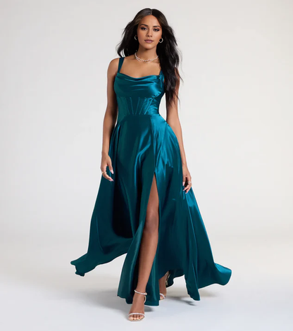 LD Sweetheart collar off shoulder sleeveless backless side slit and floor length Prom dress