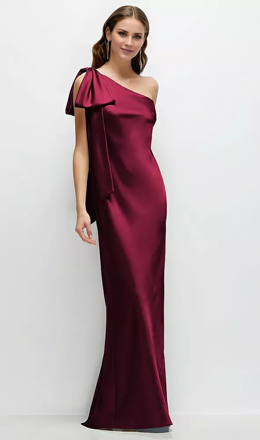 Layered Shoulder Bow One Shoulder Oblique Satin and Floor length Bridesmaid Dress - LD Dress