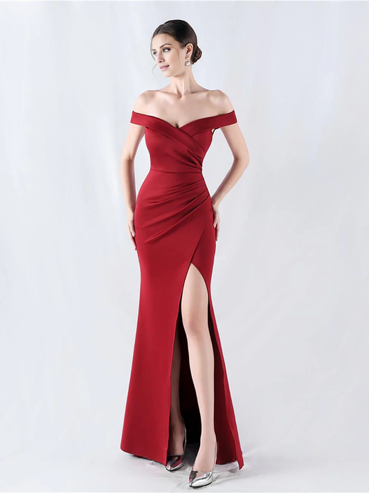 Off shoulder collar pleated hem split and floor length Prom Dress - LD Dress