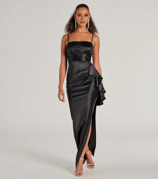 LD square neckline sleeveless thin shoulder strap backless side slit ruffle edge and floor length evening dress