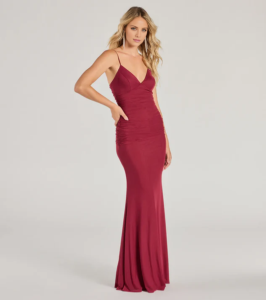 LD V collar off shoulder sleeveless thin shoulder strap backless and floor length evening dress