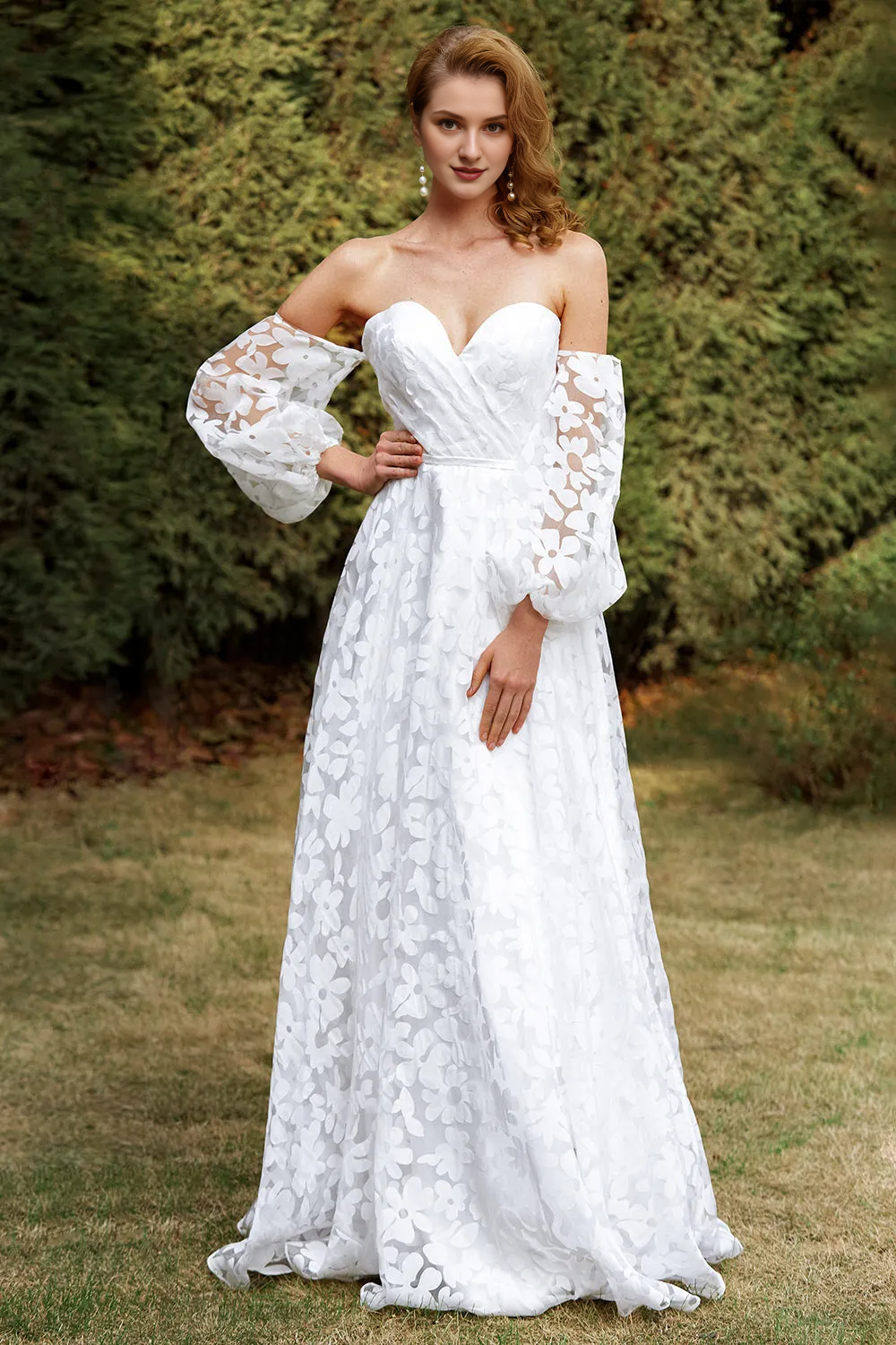 organza off the shoulder wedding dress White organza off shoulder and floor length wedding dress – LD Dress