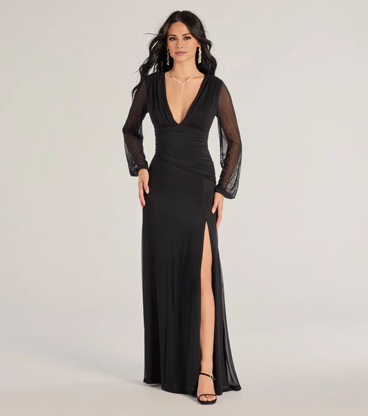 LD V-neck long sleeved backless side slit and floor length Prom dress