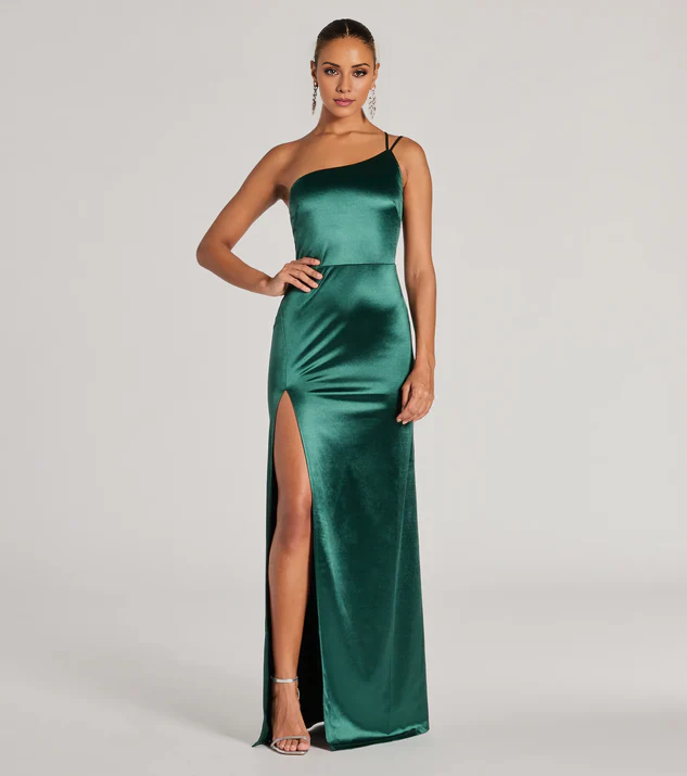 LD asymmetrical collar off shoulder sleeveless thin shoulder strap open back side slit and floor length evening dress
