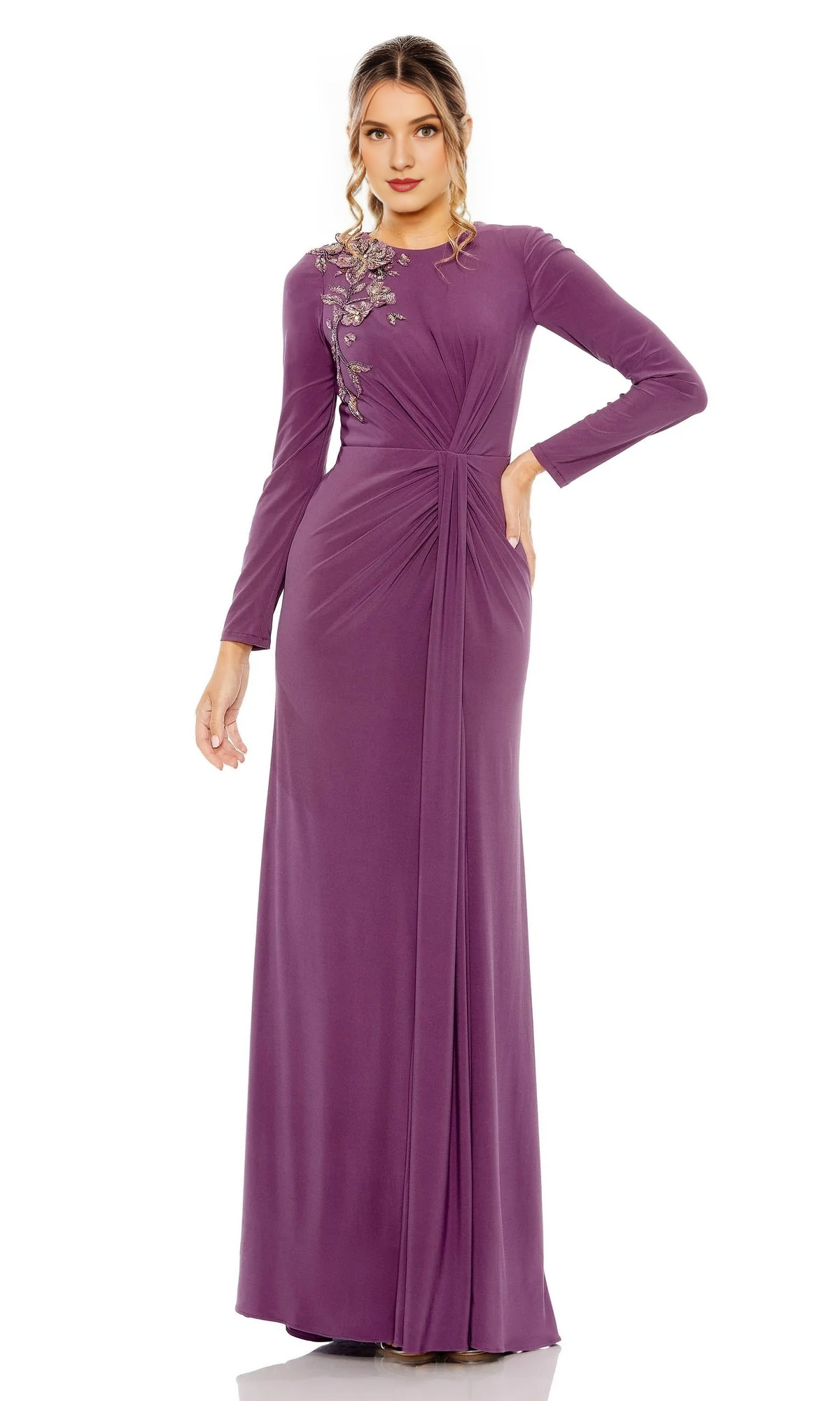 Fitted formal floral embroidery long sleeved and floor length Prom dress