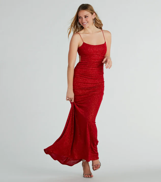 LD square neckline off shoulder sleeveless thin shoulder strap backless and floor length Prom dress