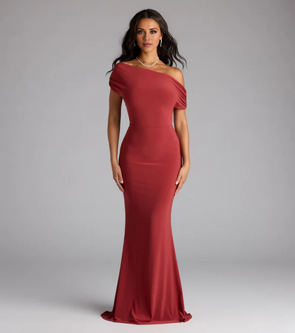 LD asymmetrical collar off shoulder sleeveless backless and floor length Prom dress