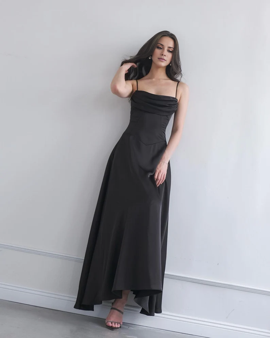 LD square neckline sleeveless thin shoulder strap pleated backless and floor length Prom dress
