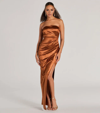 LD off shoulder collar sleeveless strapless backless side slit and floor length Prom dress