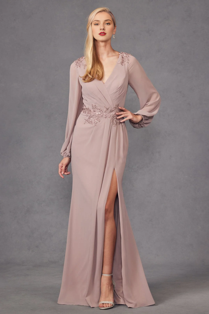 A-line slit skirt embroidered long sleeved mother of the bride dress
