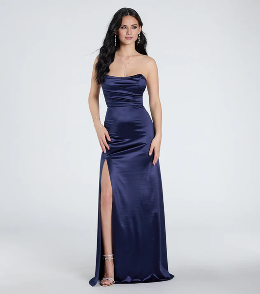 LD off shoulder collar sleeveless strapless backless side slit and floor length Prom dress