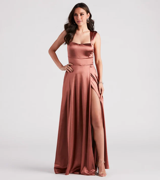 LD square neckline sleeveless backless side slit and floor length evening dress
