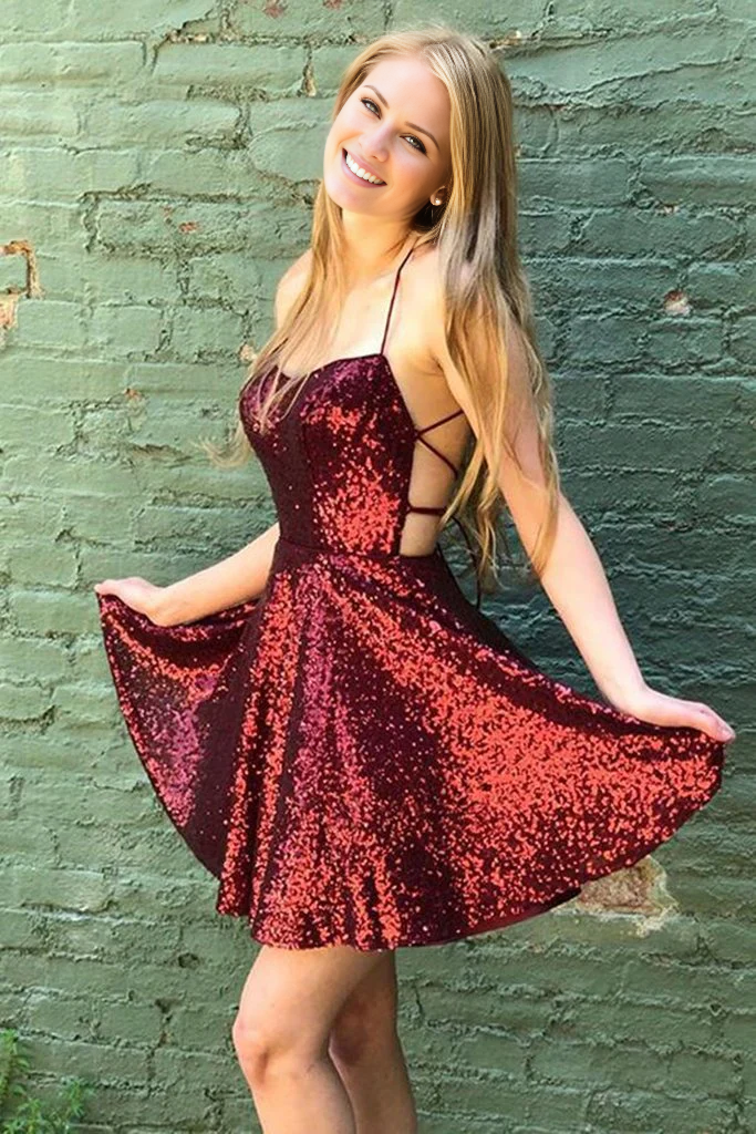 LD Backless Burgundy Homecoming Dress Short Formal Evening Dress