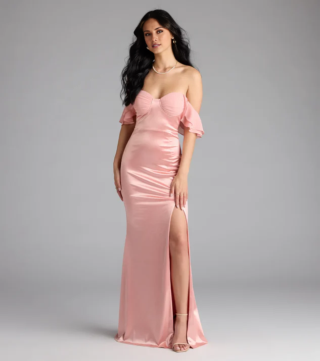 LD off shoulder collar sleeveless backless side slit and floor length evening dress