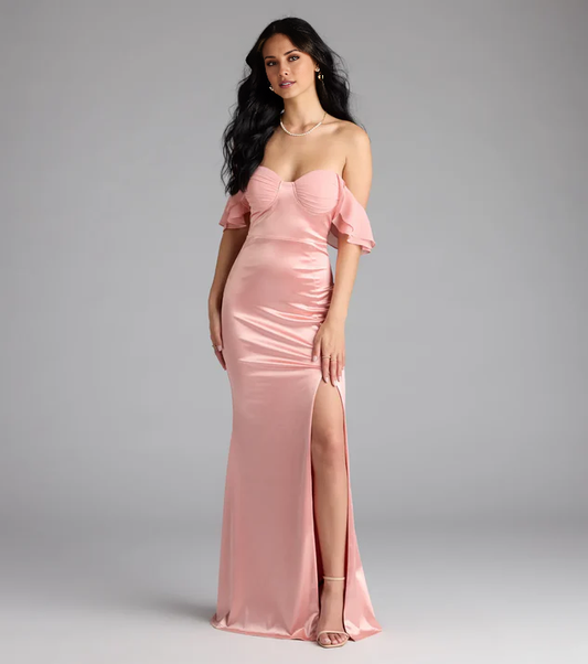 LD off shoulder collar sleeveless backless side slit and floor length evening dress