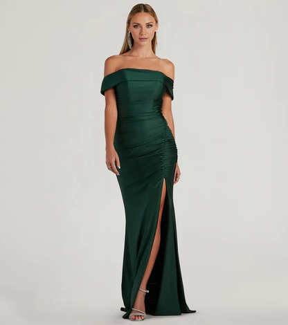 LD off shoulder collar sleeveless backless side slit and floor length Prom dress