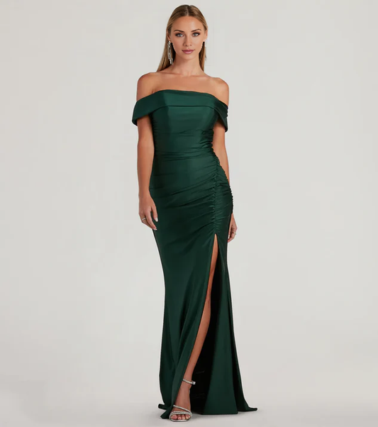 LD off shoulder collar sleeveless backless side slit and floor length Prom dress
