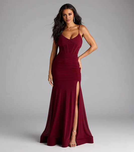LD Mermaid Sweetheart Collar Sleeveless Thin Strap Open Back Side Split and Floor length Prom Dress