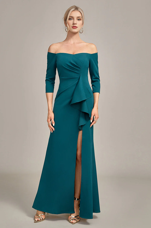 Fishtail pattern dark green off shoulder layered ruffle edge bridal mother dress