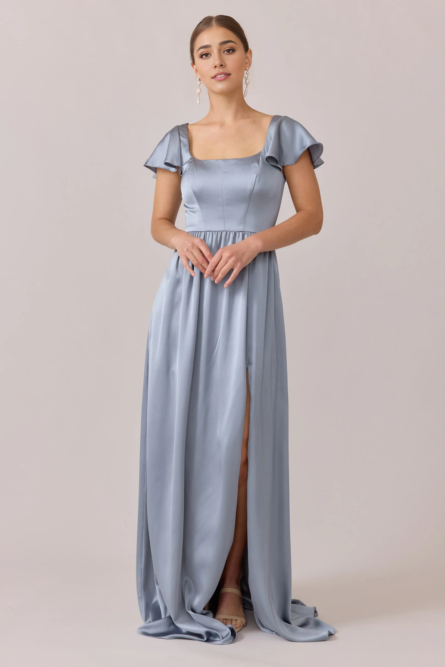 LD square neckline short sleeved backless side slit and floor length prom dress