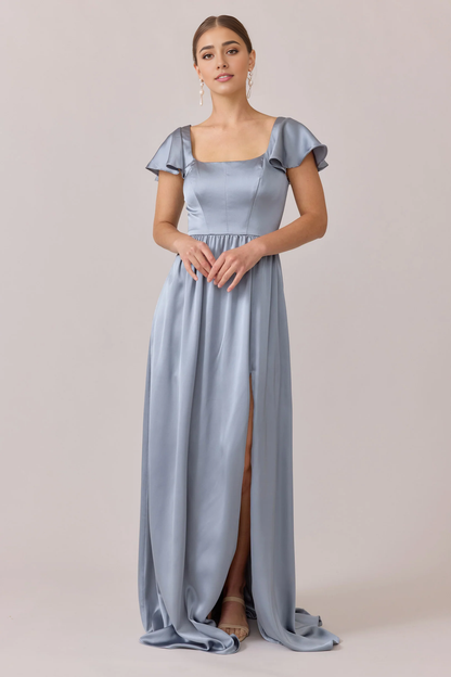 LD square neckline short sleeved backless side slit and floor length prom dress