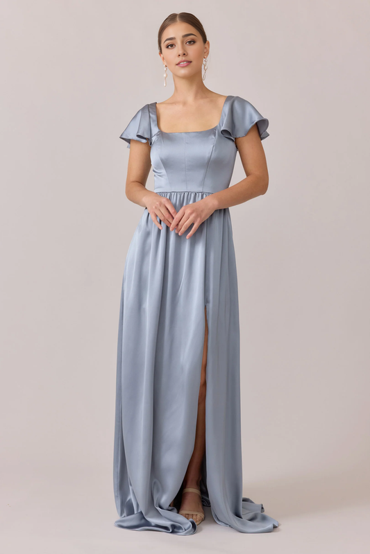 LD square neckline short sleeved backless side slit and floor length prom dress