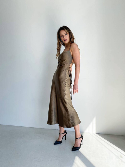LD square neckline sleeveless thin shoulder strap backless floor length Prom dress