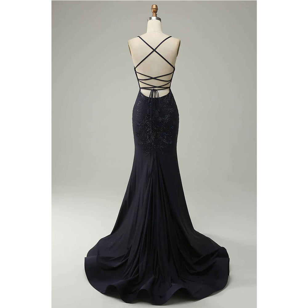 Navy Blue Split Strapless Sweetheart Beaded Prom Dress