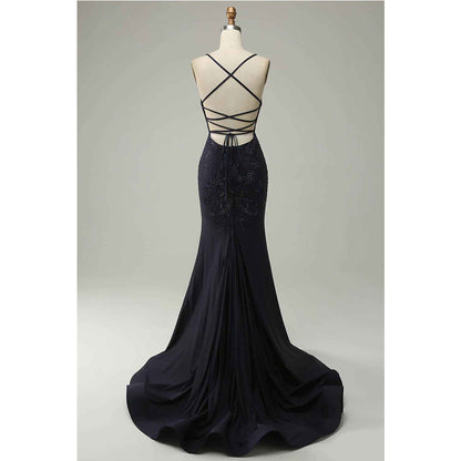 Navy Blue Split Strapless Sweetheart Beaded Prom Dress