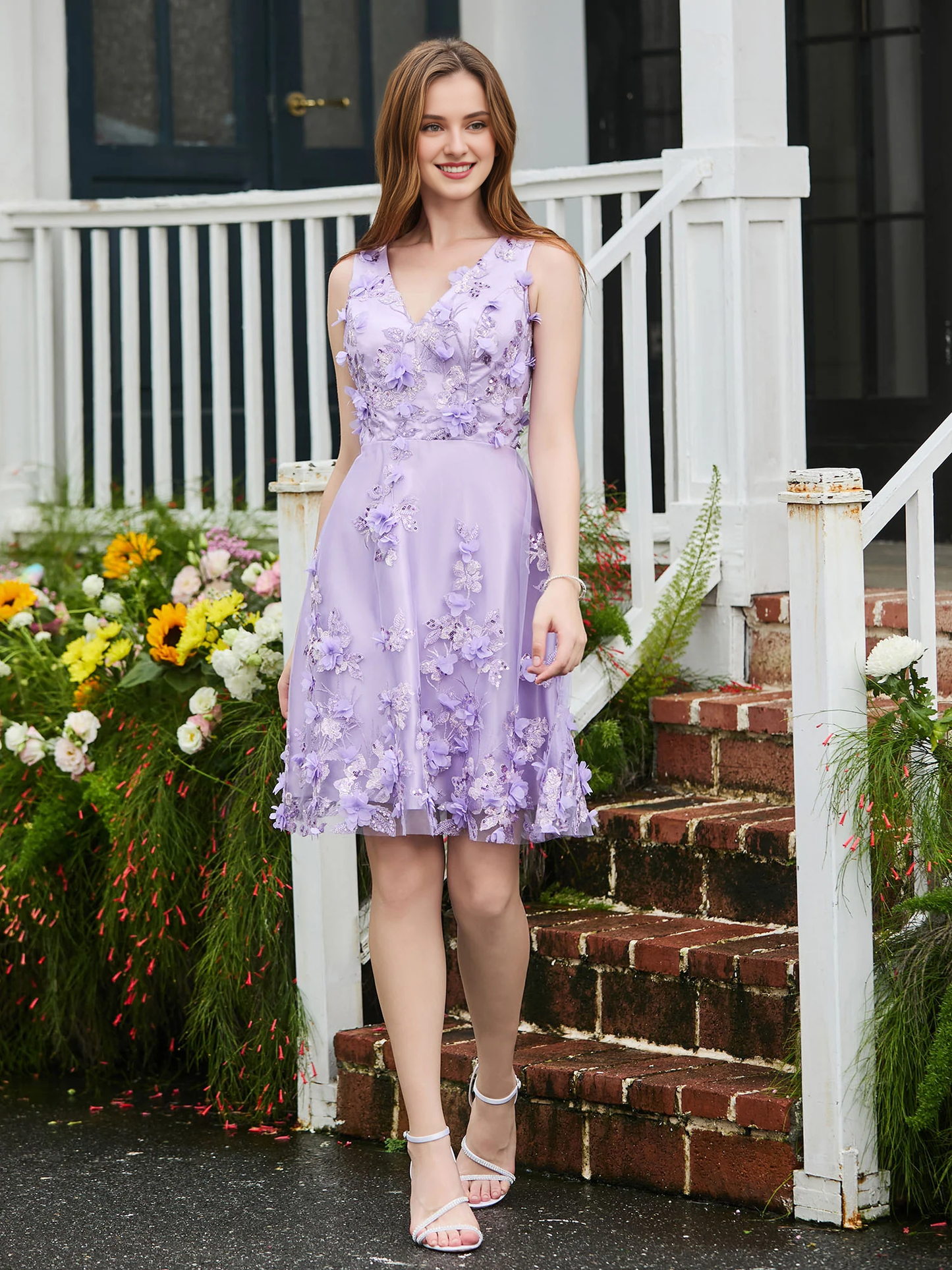 Beaded flower decal short dress