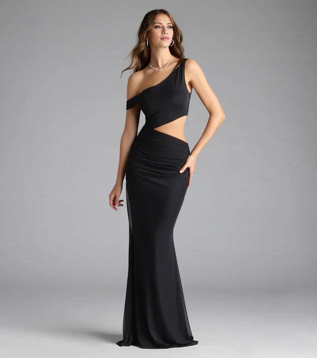 LD asymmetrical collar off shoulder sleeveless backless and floor length Prom dress