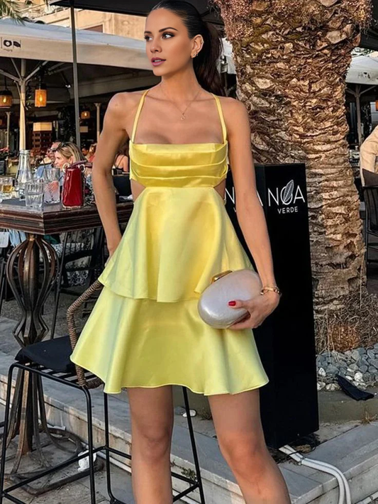 LD Yellow Satin A Line Homecoming Dress Short Party Dress