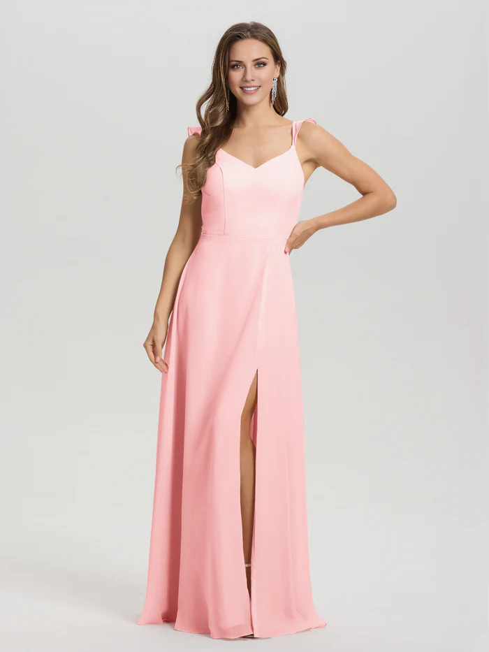V-neck harness tie and chiffon slit bridesmaid dress