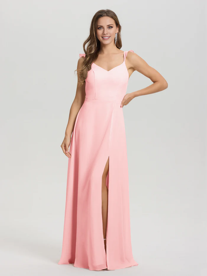 V-neck harness tie and chiffon slit bridesmaid dress