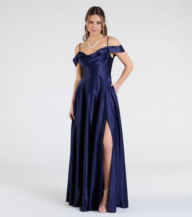 LD off shoulder collar sleeveless thin shoulder strap backless side slit and floor length Prom dress