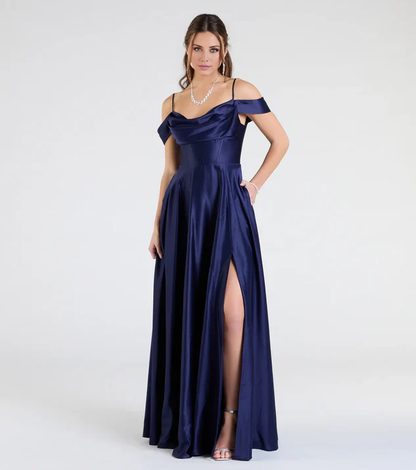 LD off shoulder collar sleeveless thin shoulder strap backless side slit and floor length Prom dress