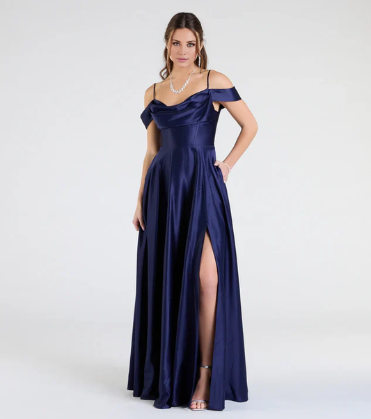 LD off shoulder collar sleeveless thin shoulder strap backless side slit and floor length Prom dress