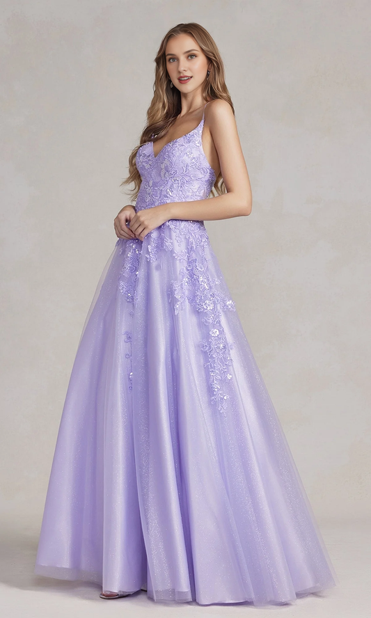 A-line V-neck floral embroidery and floor length Prom dress