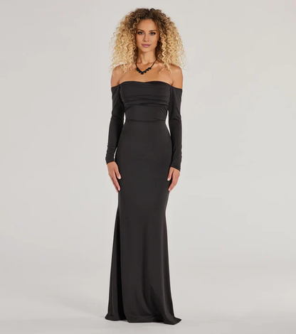 LD off shoulder collar long sleeved backless and floor length Prom dress