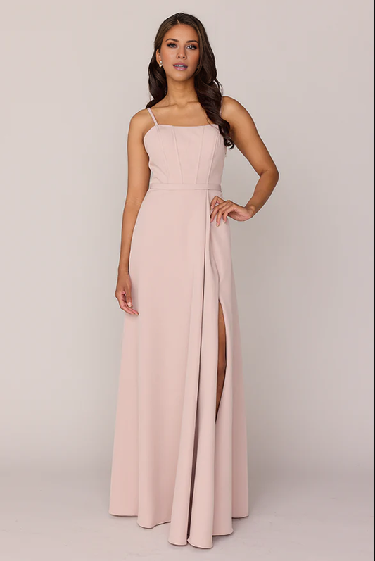LD square neckline sleeveless thin shoulder strap backless side slit and floor length Prom dress