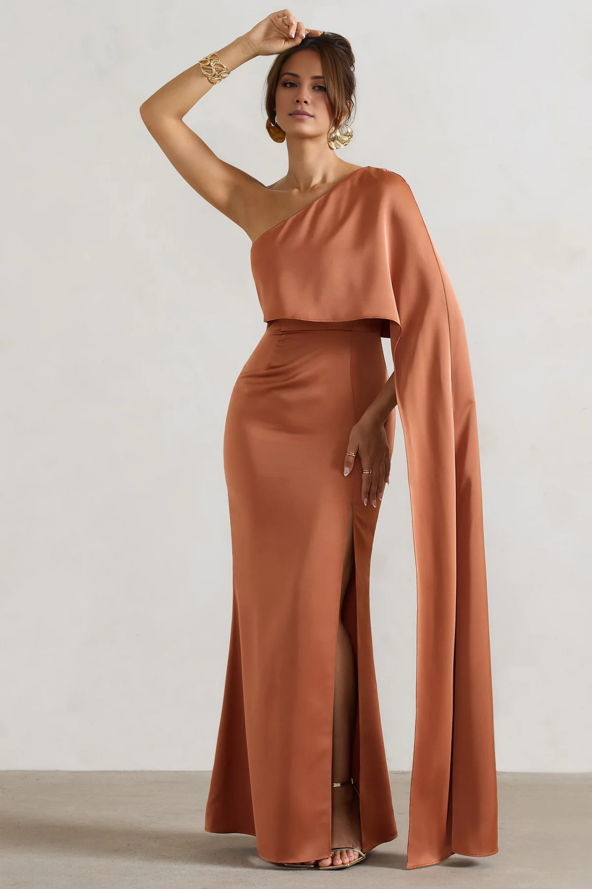 LD - Single shoulder collar satin side slit and floor length Prom dress