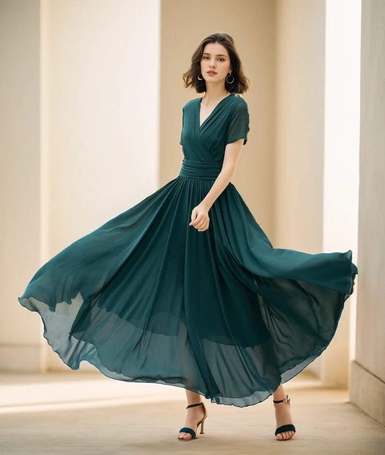 LD V-neck short sleeved chiffon pleated details and floor length Prom dress