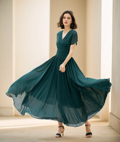 LD V-neck short sleeved chiffon pleated details and floor length Prom dress